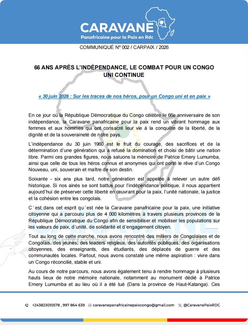 CaravanePaixRDC's tweet photo. 66 ans après l'indépendance, le combat continue pour l'unité du Congo.

Nos héros ns ont légué un Congo libre. À notre génération de préserver  cet héritage en bâtissant un Congo uni et paisible.

À cette occasion, la Caravane Panafricaine pour la Paix publie son communiqué. https://t.co/z1Ou3mFyTo