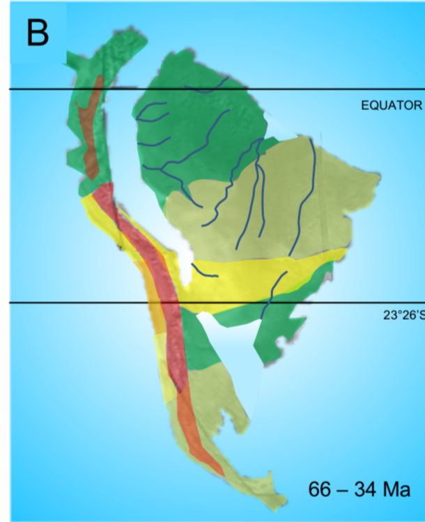 JamesAl0410008's tweet photo. Paleogeographic maps of South America showing how the Eocene-Oligocene global cooling event at c. 34 Ma transformed millions of sq. km from shallow seas to tropical rainforest and riverine ecosystems. 

Maps with references from our forthcoming book: https://t.co/ZQBwyU2sMn https://t.co/Er59JilRbL
