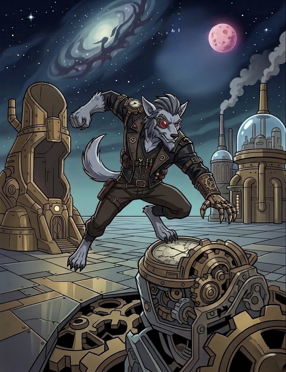 PhaseUniverse's tweet photo. I got a name and two concepts Daemon, steampunk the werewolf. Looking for a way to craft this character into a story.

Steampunk space base with a sci fi twist. Do you see him more as a hero, villain, or neutral?

#steampunk #werewolf #animation https://t.co/jMPsriLFcX