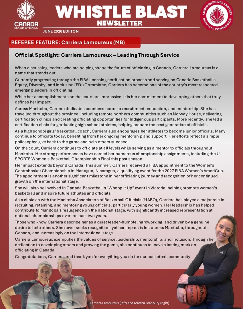 basketballmb's tweet photo. This month’s issue of the CBOC Whistle Blast newsletter features Manitoba’s @carrieralamoureux_ and her journey as a basketball official from the grassroots to the international level. Read more about her impact on the game in this month’s issue!  #mbhoops https://t.co/CXzIWGKtlJ