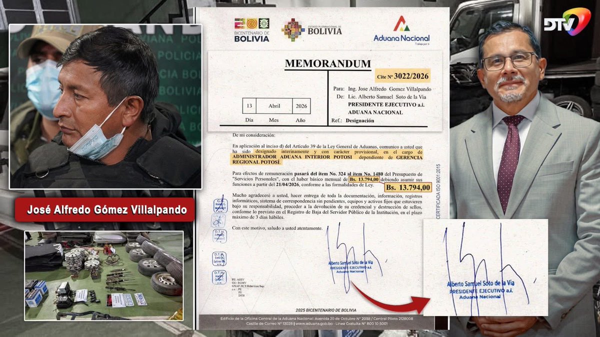 reddtvoficial's tweet photo. Presidente Aduana fue quien contrató como jefes a reos prontuariados, Medina y Gómez al mando en Potosí 

Alberto Soto de la Vía fue quien designó a reos de la cárcel de San Pedro con prontuario por haber robado a la Aduana vehículos incautados al contrabando, Medina y Gómez desviaban a talleres privados y los desmantelaban para luego vender las partes de los vehículos a través de las redes sociales. 

Gustavo Medina Jaldin era el encargado del grupo GRIA en Oruro durante la gestión de Karina Cerrudo (gestión de Luis Arce), este sujeto cayó preso tras un seguimiento, fue presentado ante los medios por el entonces ministro de Gobierno, Eduardo Del Castillo, fue cautelado y enviado a la cárcel de San Pedro, ahora el Presidente de la Aduana, Alberto Soto, lo designó en fecha 10 de febrero como técnico en control GRIA en Potosí con un salario de Bs. 10.184. Medina por encargo de Soto vuelve a ser el encargado de los operátivos en carreteras y de la incautación del contrabando. 

José Alfredo Gómez Villalpando también cayó preso en 2022 por ser parte de la organización criminal que desviaba vehículos incautados por contrabando y desviado a talleres privados para su desmantelamiento, en el caso de Villalpando logró medidas sustitutivas a la detención preventiva, pese a estos antecedentes delincuenciales, el presidente de la Aduana, Alberto Soto, lo designó en fecha 13 de abril del 2026 como jefe de Aduana Interior en Potosí con un salario de Bs. 13.794.-