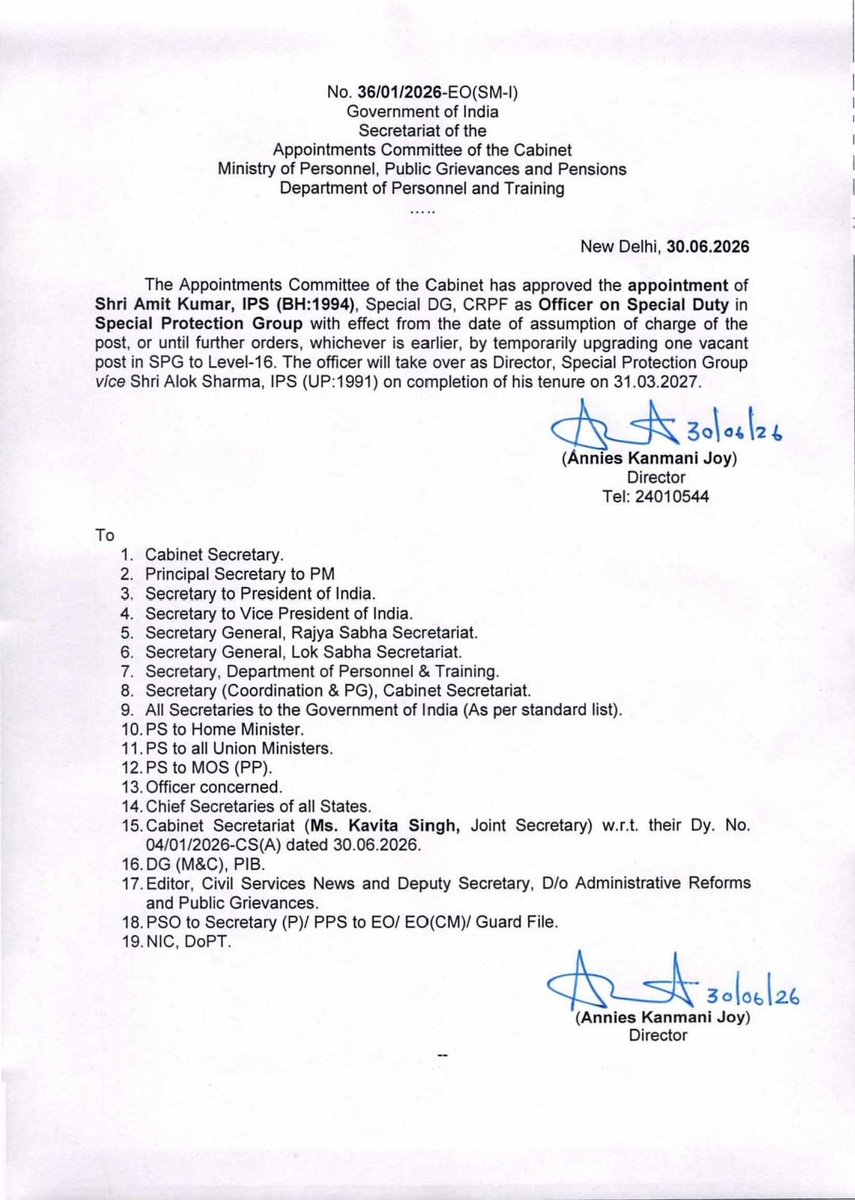 ANI's tweet photo. Amit Kumar, IPS (BH:1994), appointed as Officer on Special Duty in the Special Protection Group (SPG)

He will take over as Director, SPG, upon the completion of the tenure of the incumbent SPG Director, Alok Sharma, on March 31, 2027 https://t.co/BgaAlBtitQ