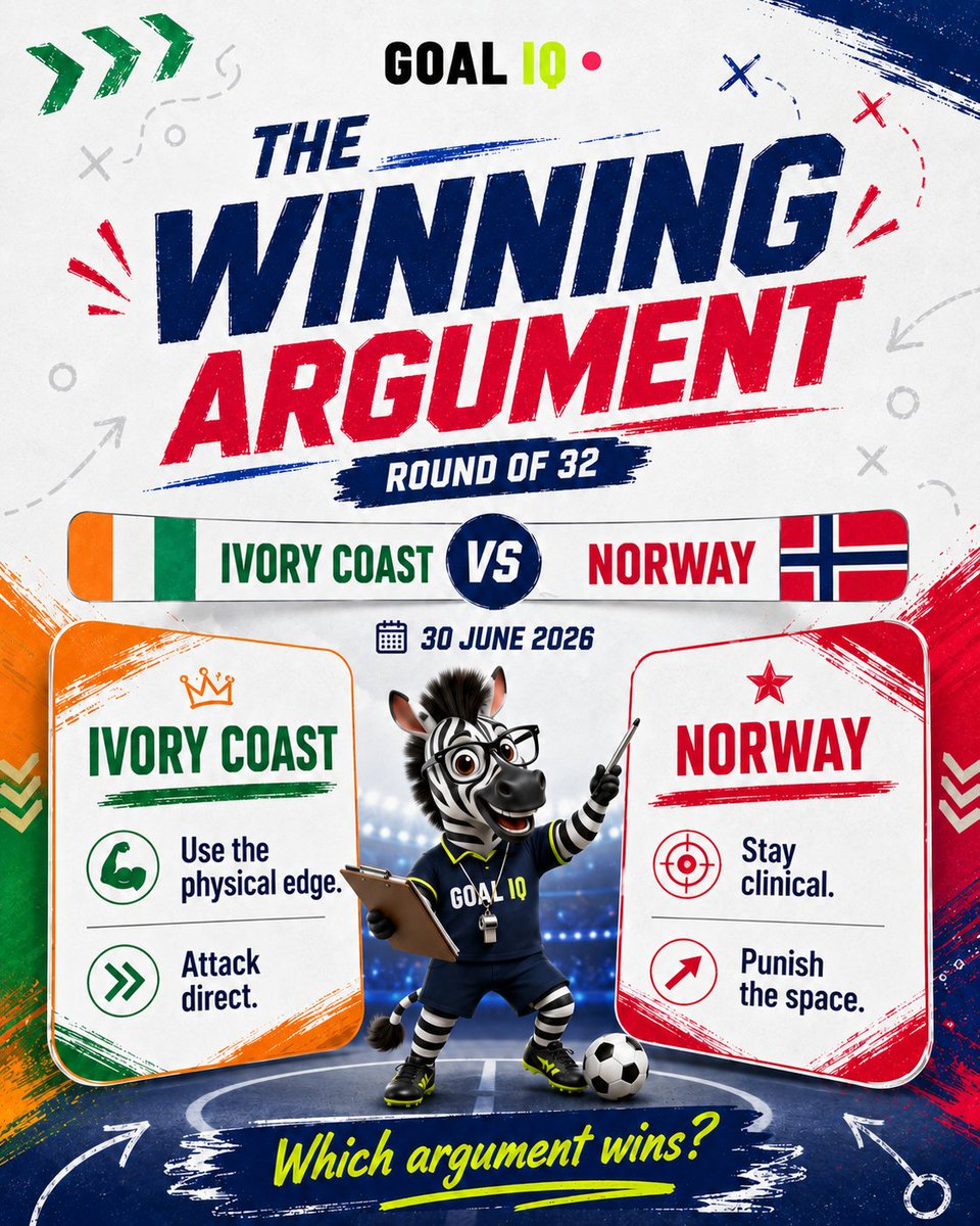 GoalIQ_Official's tweet photo. Winning argument: Ivory Coast vs Norway
Ivory Coast: Win the duels. Stay compact.
Norway: Use the pace. Attack the space.

Which case wins?
@FIFAWorldCup @FIFCI_tweet @nff_landslag
#GoalIQ #WorldCup2026 #RoundOf32 #IvoryCoastVsNorway https://t.co/8wZVtrm2Kl