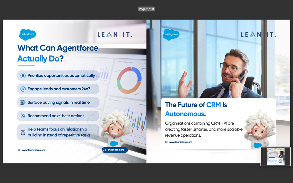 it28172's tweet photo. The future of CRM isn't more dashboards. It's autonomous execution.

Agentforce helps teams spend less time on tasks and more time closing deals.

#Salesforce #Agentforce #AIAgents #CRM #EnterpriseAI https://t.co/9j7UIRDmvz