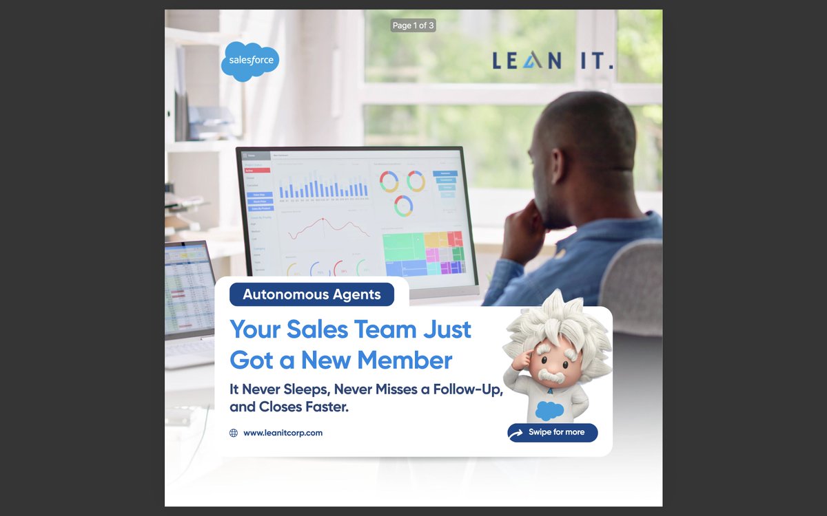 it28172's tweet photo. The future of CRM isn't more dashboards. It's autonomous execution.

Agentforce helps teams spend less time on tasks and more time closing deals.

#Salesforce #Agentforce #AIAgents #CRM #EnterpriseAI https://t.co/9j7UIRDmvz