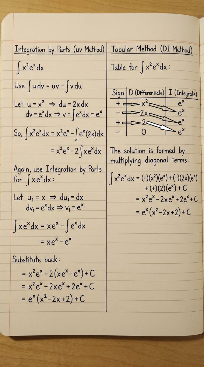 engineer_know's tweet photo. One integral. Two powerful methods. 🚀Solved ∫ x²eˣ dx using:
• Integration by Parts (u-v Method)
• Tabular (DI) MethodBoth lead to the same answer—but which one would you use in an exam?#Calculus #Integration #Mathematics #EngineeringMath #LearnMath https://t.co/OvdQ0pTC7n