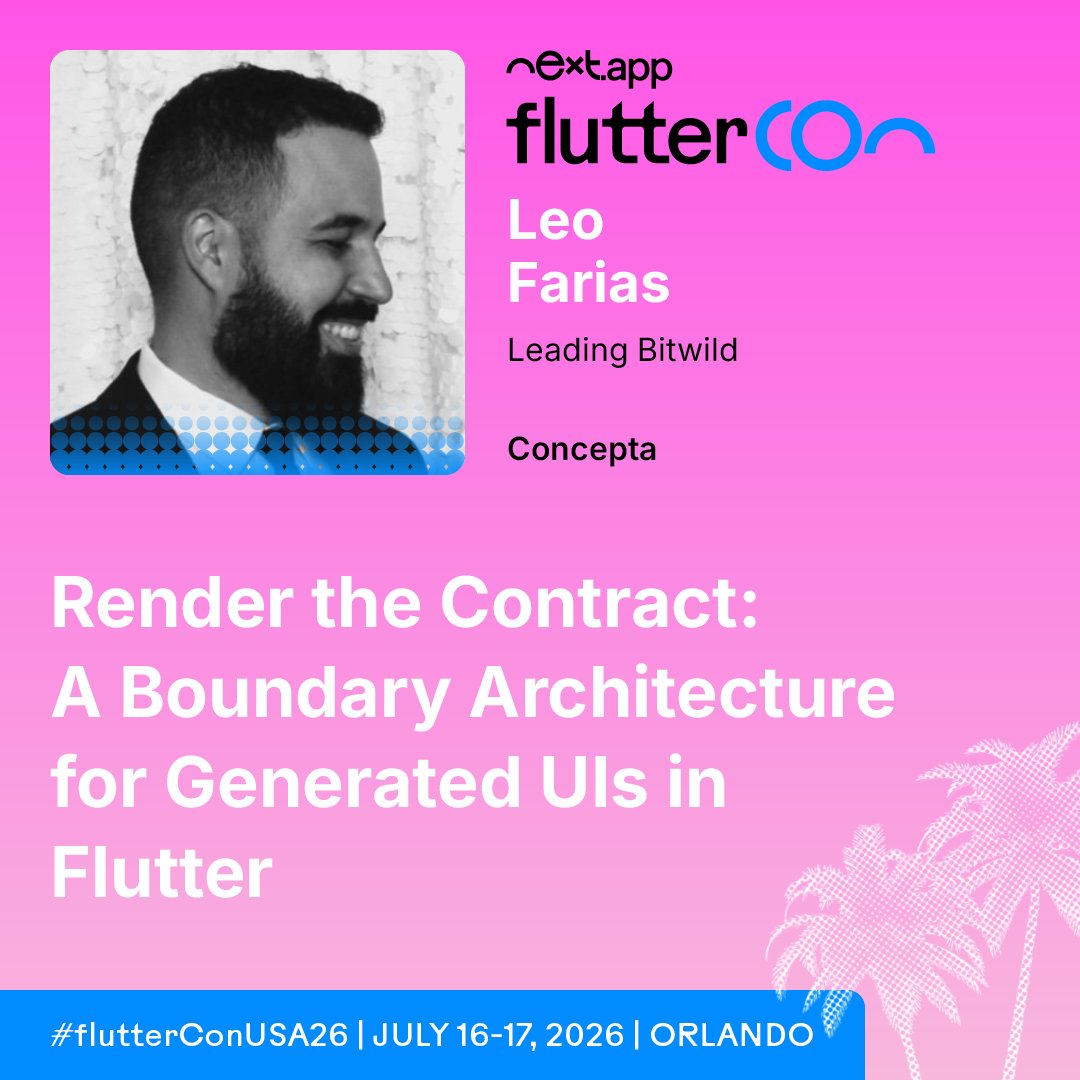 FlutterconWorld's tweet photo. 🧩 What happens when your UI is generated instead of hardcoded?

@leoafarias explores a boundary architecture for generated UI in Flutter—keeping your app in control while letting external systems request interfaces on demand.

🔗 https://t.co/qMyBgpduwW

#Flutter #GenUI #flutterConUSA26