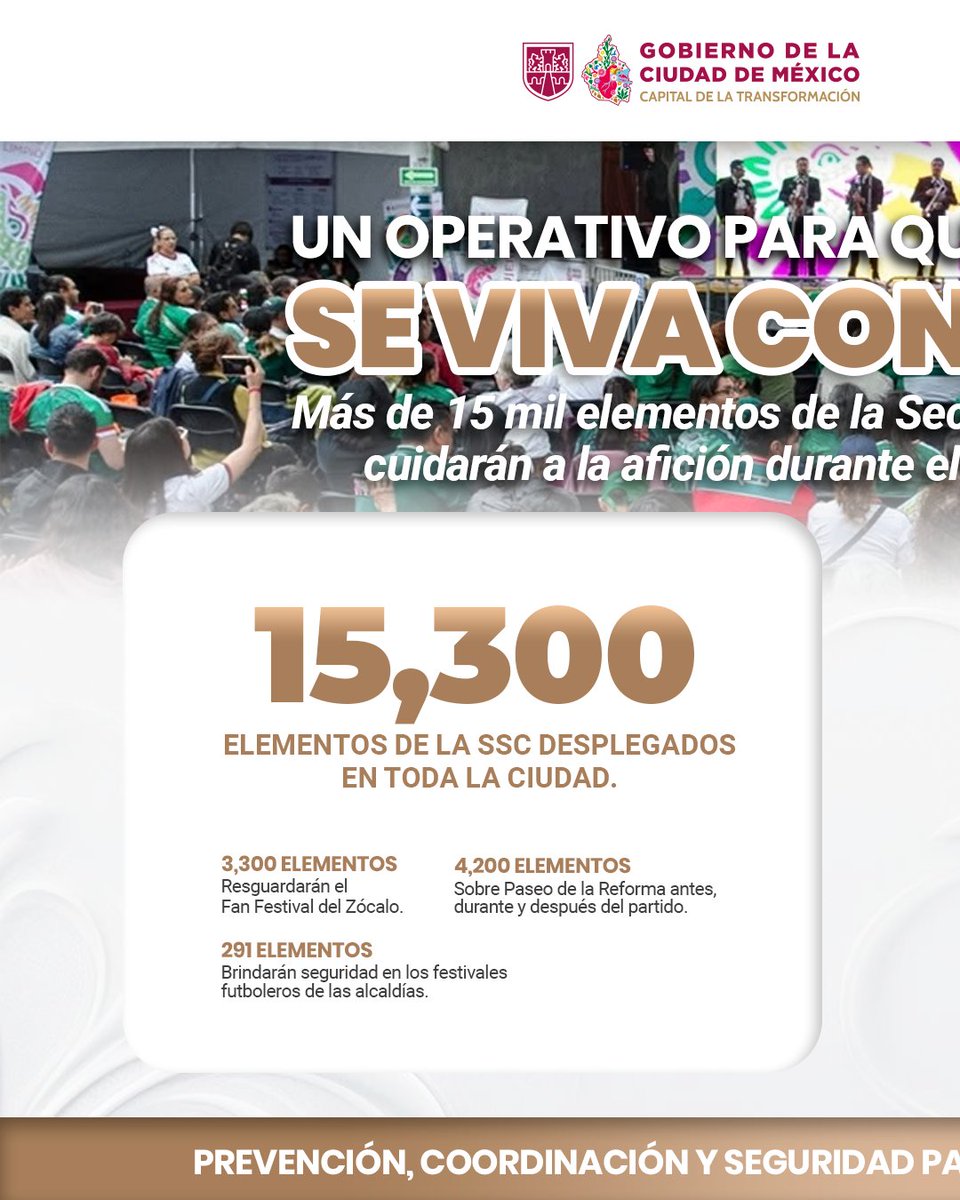 ClaraBrugadaM's tweet photo. Para el gran partido de hoy, el @GobCDMX trabaja en una coordinación interinstitucional para desplegar una red integral de protección, movilidad y apoyo a la accesibilidad en cada punto de encuentro. Queremos que las plazas y calles sean espacios seguros de convivencia. 

Nos organizamos con orden y prevención para garantizar que la fiesta mundialista se viva en paz.