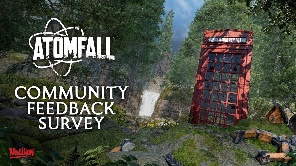An image of the Red Phone Box from Atomfall set in Casterfell woods, The Wicker Man is in the background on the left the Atomfall logo is present and text underneath reads "Community Feedback Survey"