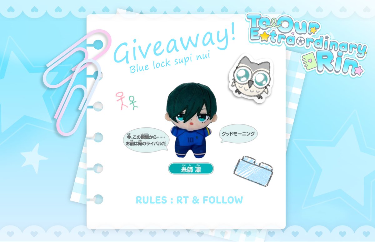 RINFANCAFE_TH's tweet photo. #ToOurExtraordinaryRin 🦉

กิจกรรมแรกระหว่างรอ Coming Soon มาแล้ว !

★ สุ่มแจก Blue Lock Supi Nui จำนวน 1 รางวัล

✦ วิธีร่วมสนุก : RT &amp; Follow

น้องเป็นตุ๊กตามีเสียง ใครอยากให้เจ้าเด็กไปอรุณสวัสดิ์ทุกเช้า พร้อมกล่อมให้มองแค่รินเพียงคนเดียว ห้ามพลาดน้า ~ ˖ ࣪‧₊˚໒꒱⋆✩ https://t.co/0YQ5rMaTLM