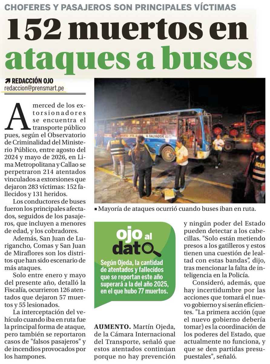 jesusverdeL's tweet photo. En dos años se han registrado 214 atentados contra el transporte público y han sido asesinadas 152 personas entre choferes y pasajeros. Los extorsionadores y sicarios han dejado además 131 personas lesionadas solo en Lima y Callao. En dos años han fracasado todas las estrategias y las personas encargadas de accionar contra el crimen.  EL NUEVO GOBIERNO TIENE COMO PRIMER RETO ACABAR CON EL CRIMEN, PERO ANTES TIENE QUE MIRAR DENTRO PARA TRATAR DE CAMBIARLO TODO Y ESO PASA POR TOCAR LOS CIMIENTOS DE LA POLICÍA.