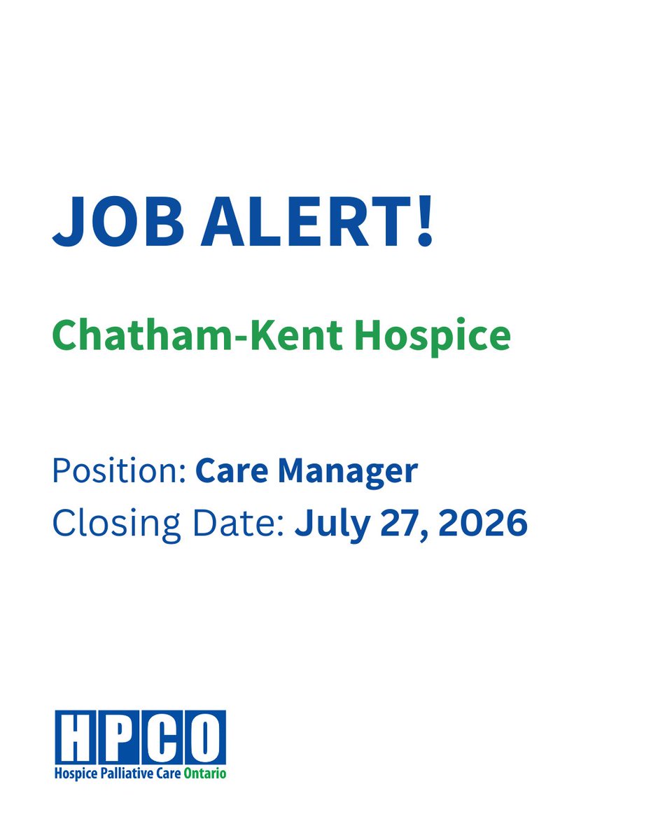 HPCOntario's tweet photo. 🚨 JOB ALERT! Two Opportunities at Chatham-Kent Hospice 🚨

Looking for a meaningful career in hospice palliative care? Chatham-Kent Hospice is hiring for two rewarding positions:

💙 Care Manager – Lead a dedicated team of RNs, RPNs, and PSWs while ensuring exceptional, person- and family-centred hospice care. As part of the Leadership Team, you'll help shape care delivery, support staff development, and strengthen partnerships across the healthcare system.

💚 Spiritual Care Coordinator – Provide compassionate spiritual, emotional, and psychosocial support to residents, families, and community members. Help people find meaning, comfort, and connection while navigating serious illness, grief, and bereavement.

Visit https://t.co/uWdKzFcLbO to learn more and apply.

#PalliativeCare #HospiceCare #JobAlert #NowHiring #HealthcareJobs #Leadership #SpiritualCare #OntarioJobs #HospicePalliativeCare #CareerOpportunity