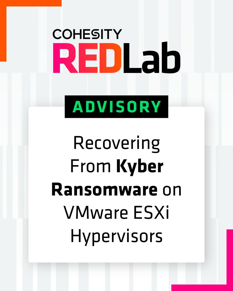 Cohesity's tweet photo. ⚠️ Unlike typical endpoint ransomware, #Kyber actively exploits VMware ESXi hypervisors and Windows servers in the same environment.
Cohesity REDLab's new advisory walks Cohesity administrators through how Kyber works and what to do now: https://t.co/Plx6i5XcX7 #REDLab #DataProtection