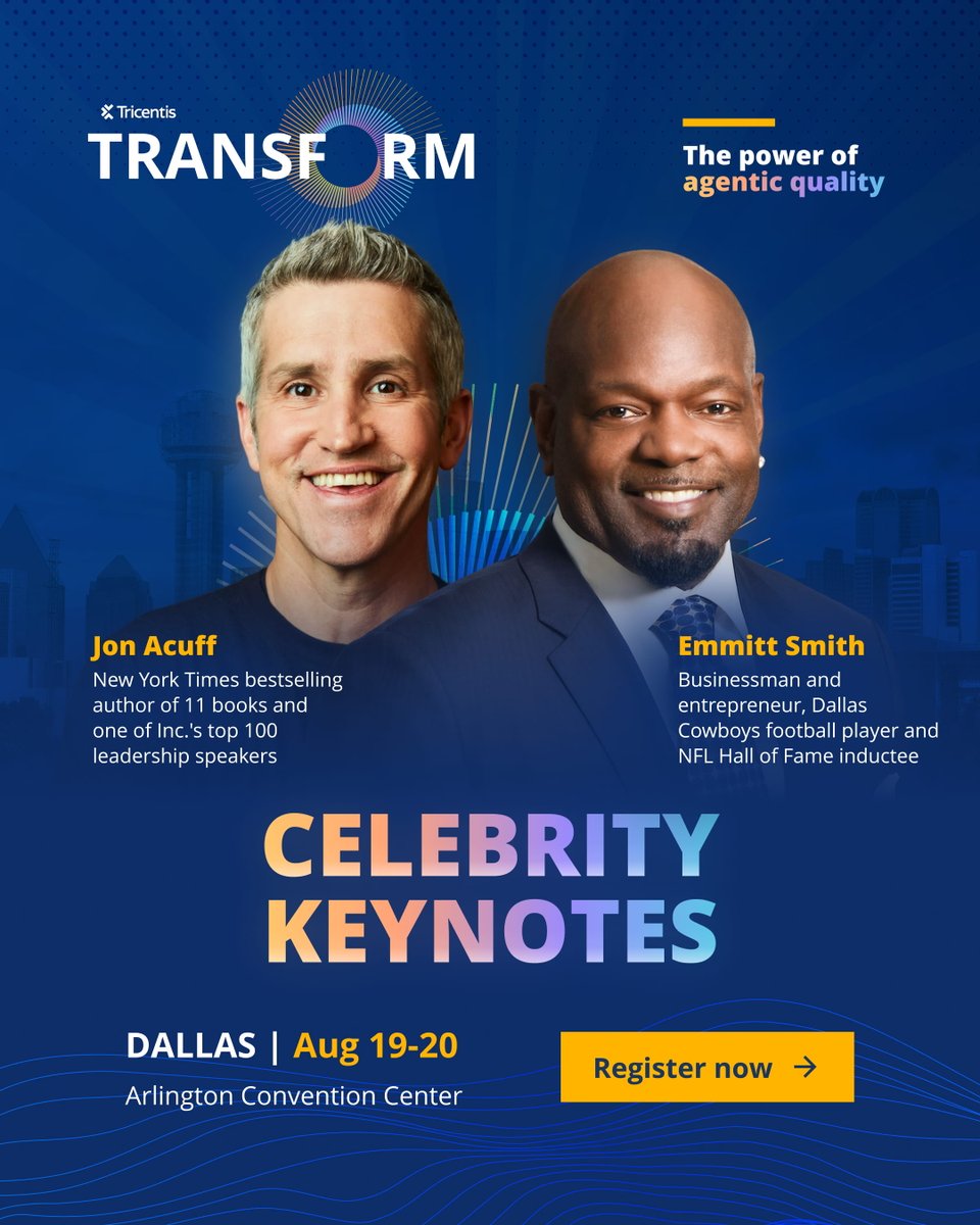 Tricentis's tweet photo. ✨ Great leaders don't just adapt to change—they define it.

At #TricentisTransform Dallas, hear from 🎤 Emmitt Smith and Jon Acuff as they share insights on leadership, resilience, and thriving in an AI-powered world.

🎟️ We'll see you in Dallas: https://t.co/WTqW8R8X1s https://t.co/MIG84KYv2n