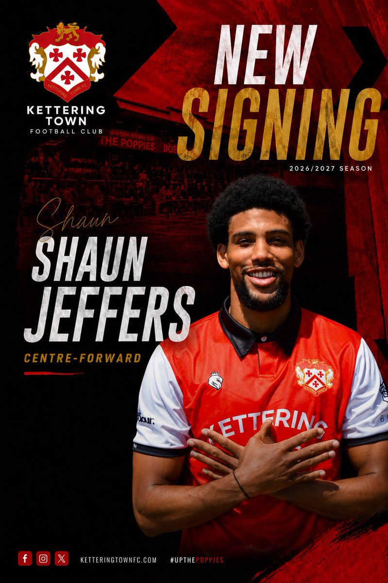KTFCOfficial's tweet photo. 🔴⚫️ Welcome to Latimer Park, Shaun Jeffers!

150 career goals. England U19 international. Nearly a century for St Albans in 200 games.

Liam McDonald adds serious firepower up front another fans' favourite in the making? 💥

#KetteringTown #Poppies #NewSigning https://t.co/na8KnWj8e9