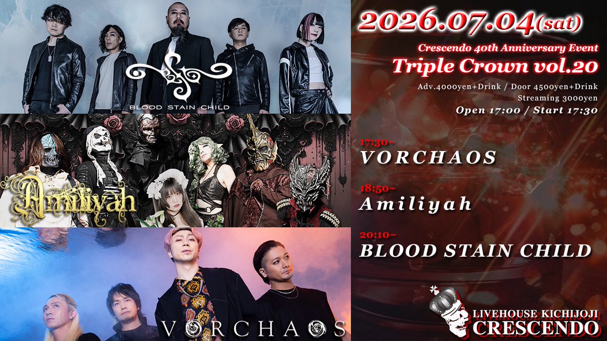 Amiliyah_tweet's tweet photo. いよいよ今週末はAmiliyahのshow✨

2017年振りの激アツ3マン！
60分ステージを御堪能ください！

🗓️07.04(土)吉祥寺クレッシェンド

🎪with:BLOOD STAIN CHILD / VORCHAOS
🎫来場
https://t.co/m2gQ6k8nex
🎥配信
https://t.co/neYJG19jGh
🥇御支援
https://t.co/juApqL6fIu https://t.co/jiC3QZIUWx