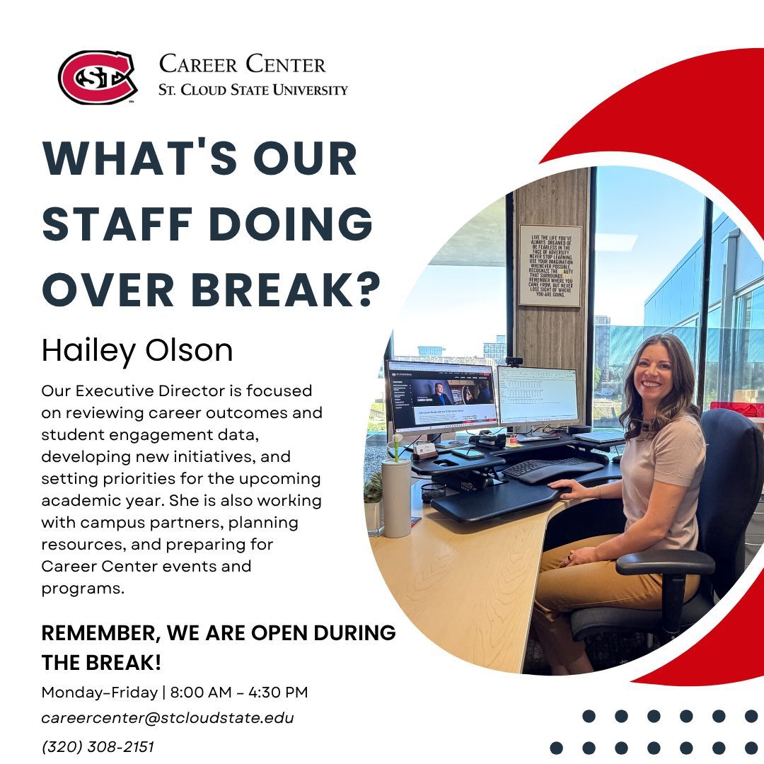 SCSUCareer's tweet photo. The summer season is when the foundation for the next year's outcomes is built.
Thank you, Hailey, for your leadership, vision, and dedication to student success at SCSU!
#SCSU #CareerCenter #BehindTheScenes #Huskies https://t.co/pK663Lm7c0