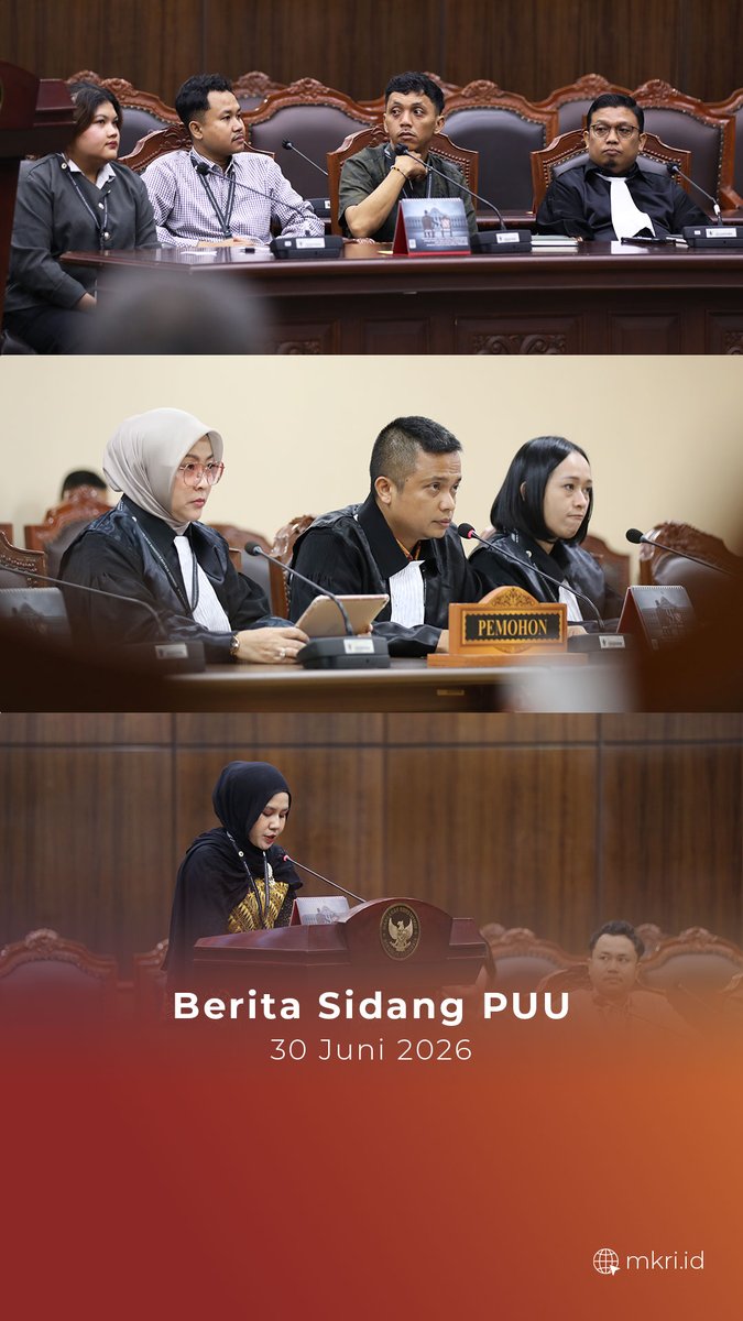 officialMKRI's tweet photo. Dear #Courtizen,
Berikut rangkuman berita sidang Pengujian Undang-Undang yang digelar pada Selasa, 30 Juni 2026.

Yuk, baca selengkapnya melalui tautan berikut: https://t.co/lfB17323IE

#MengawalKonstitusi
#salaMKonstitusi
#MKRI https://t.co/lh08VJWoX6