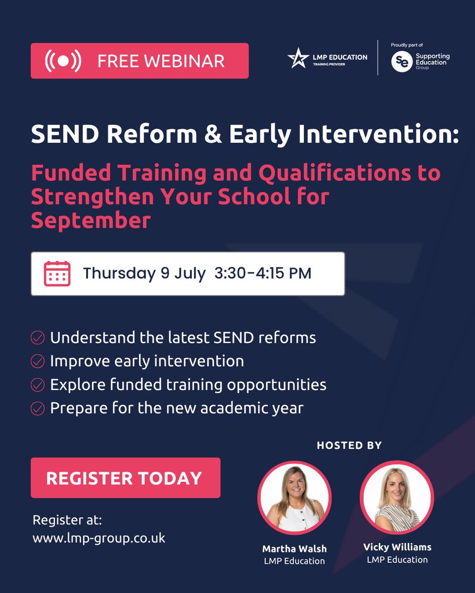 LMP_Education1's tweet photo. Is your school ready for the changing SEND landscape?

Join our FREE live webinar to hear from SEND experts on preparing for SEND reform, strengthening early intervention and developing your workforce through funded training. 

Register: https://t.co/SURJq05nRj 

#SEND #Education https://t.co/EjqQpOakg4