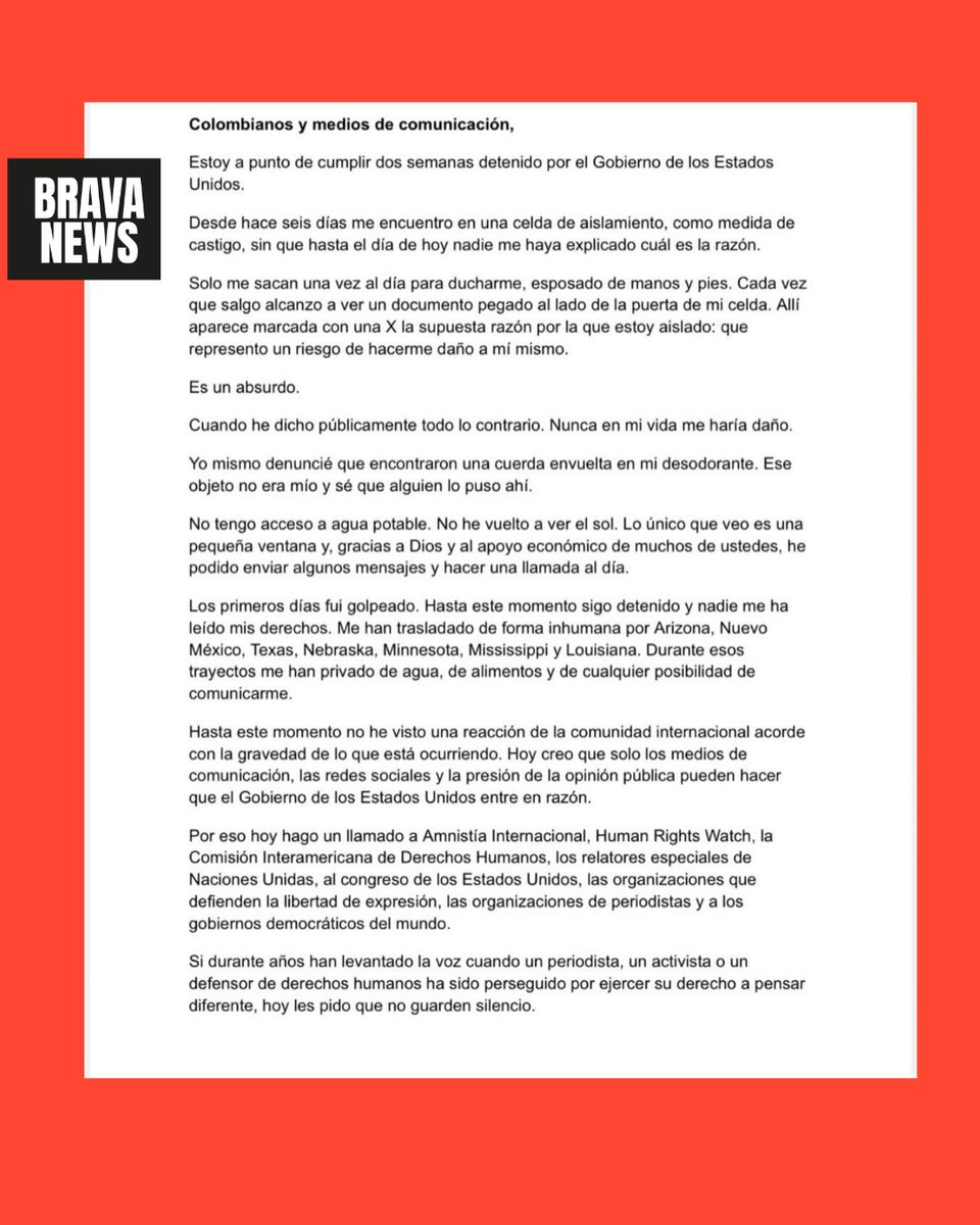 BravaNewsco's tweet photo. Esta es la carta enviada desde prisión donde denuncia algunos abusos por parte del gobierno norteamericano. @Betocoralg https://t.co/NTtMpN7tC5