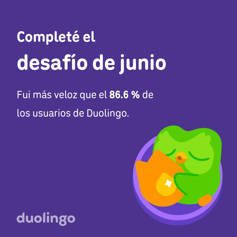 Kolochy's tweet photo. ¡Completé el desafío de junio más rápido que el 86.6 % de los usuarios de Duolingo! https://t.co/c4wRzon6Sj