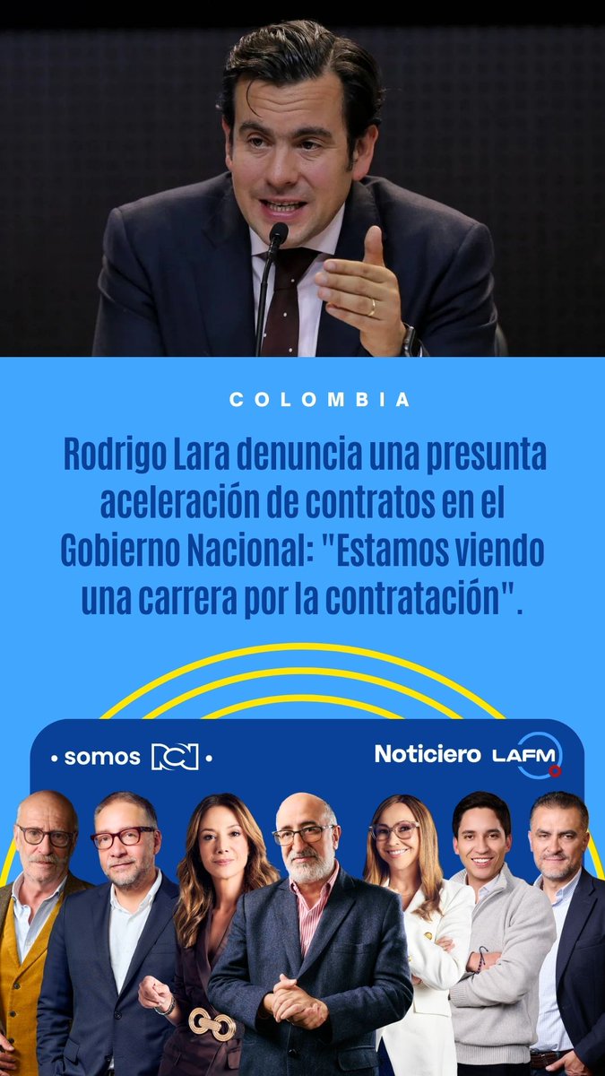 lafm's tweet photo. 🔵 Rodrigo Lara denunció una presunta aceleración de contratos por parte del Gobierno Nacional. https://t.co/OCOHWymOqS

🔹 El ministro del Interior designado aseguró que observa una "carrera por la contratación" en distintas entidades del Estado.

🗨️ ¿Qué opina sobre estas declaraciones de Rodrigo Lara?

📲 Todos los detalles en nuestra web y en nuestro canal de YouTube La FM Colombia.
