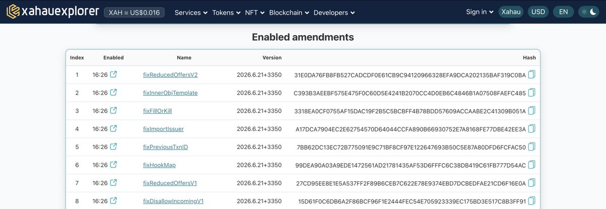 XahauExplorer's tweet photo. The following amendments are enabled: 
fixReducedOffersV2 
fixInnerObjTemplate 
fixFillOrKill 
fixImportIssuer 
fixPreviousTxnID 
fixHookMap 
fixReducedOffersV1 
fixDisallowIncomingV1
https://t.co/aXRxmVMf4a https://t.co/A9FSLdk1Et
