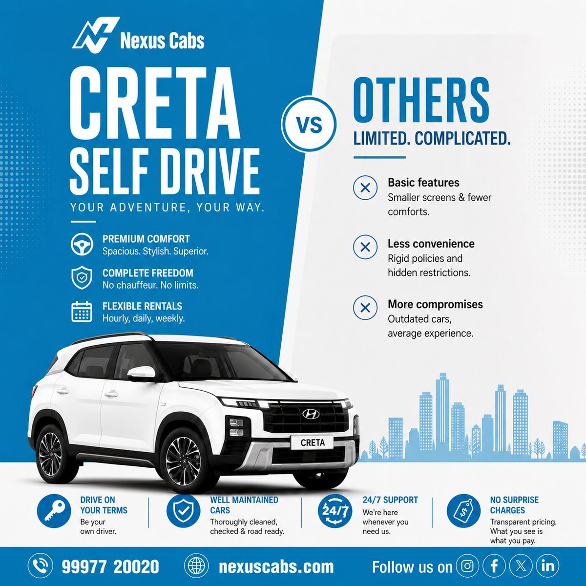 nexus_cabs's tweet photo. The Hyundai Creta is built for every journey—whether it's a weekend escape, a family vacation, or your daily commute. 

#NexusCabs #HyundaiCreta #Creta #SelfDrive #SelfDriveCars #CarRental #RentACar #SUVRental #DriveYourWay #RoadTrip #TravelIndia #WeekendGetaway #ExploreMore https://t.co/S83g2vLA8M