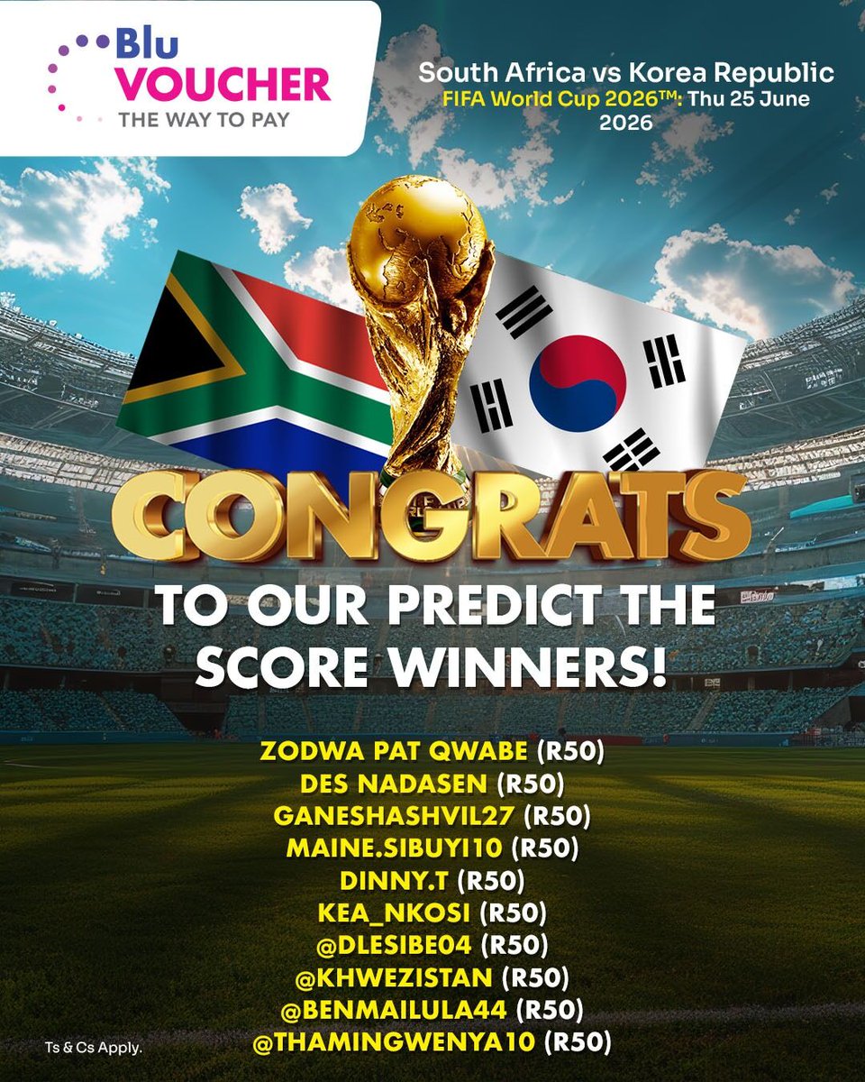 BluVoucher's tweet photo. Congratulations to last week's Predict the Score winners! You've each won a R50 Blu Voucher. Keep an eye on your DMs, your vouchers will be issued soon. https://t.co/uV6UEDu5mH