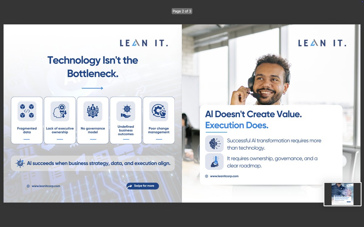 it28172's tweet photo. AI transformation doesn't fail because of technology.

It fails because of execution.

AI isn't a technology project. It's an operating model transformation.

#AITransformation #EnterpriseAI #DigitalTransformation #Leadership https://t.co/sz810wJX3p