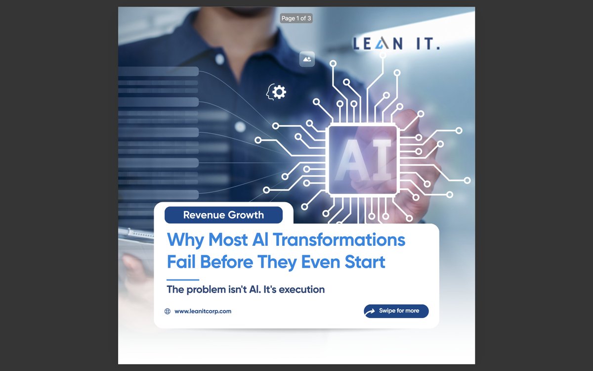 it28172's tweet photo. AI transformation doesn't fail because of technology.

It fails because of execution.

AI isn't a technology project. It's an operating model transformation.

#AITransformation #EnterpriseAI #DigitalTransformation #Leadership https://t.co/sz810wJX3p