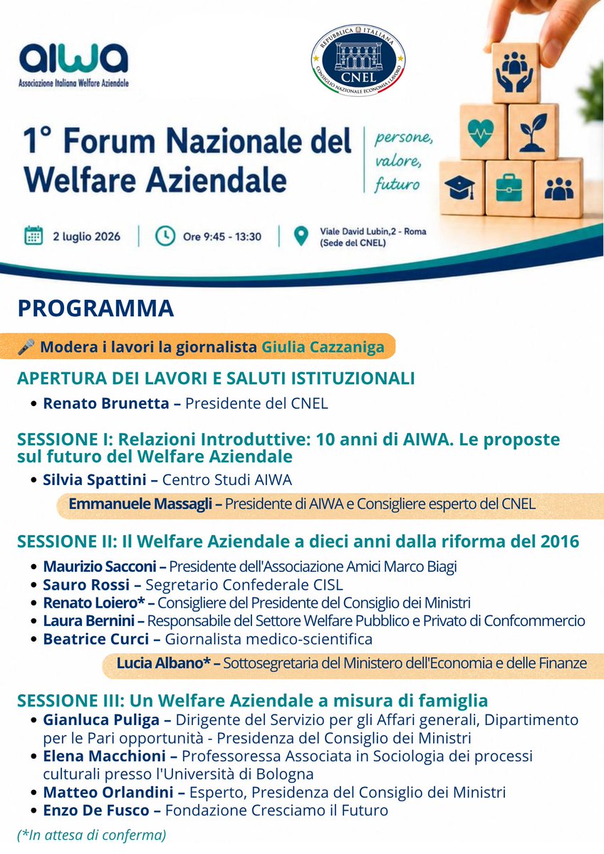 aiwa_welfare's tweet photo. Il 2 luglio vi aspettiamo a #Roma al @CNEL_it per il 1° Forum Nazionale del #WelfareAziendale firmato #AIWA! 

Un bilancio a 10 anni dalla riforma del 2016🚀uno sguardo alle sfide future e presentazione della ricerca #CentroStudiAIWA📖

🎟️Accredito qui: https://t.co/7kJujPXONP https://t.co/KVtylOlpgc