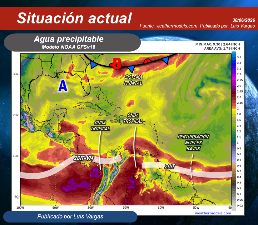 Meteovargas's tweet photo. #30Jun Onda tropical moviéndose del centro hacia el occidente del país, interactúa con la Zona de Convergencia Intertropical-Vaguada Monzónica y además es reforzada por la divergencia del viento en altura, lo que generará nubes productoras de lluvias y algunas con descargas eléctricas en el sur y oeste de Bolívar, Amazonas, sur y oeste de Guárico, Cojedes, Apure, Barinas, Portuguesa, sur y norte de Táchira, este y norte de Mérida, sur de Trujillo, sur de Lara, Yaracuy, este de Falcón y aisladas en el sur de Zulia, regiones Central y Capital. Asimismo, se pudieran generar lloviznas dispersas o chubascos en el este de Guárico, este de Delta Amacuro, Monagas, este y sur de Sucre y en otras localidades de los Andes.