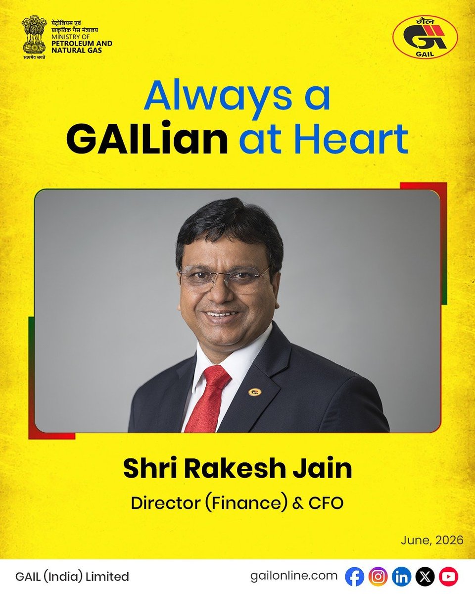 gailindia's tweet photo. GAIL (India) Limited bids a heartfelt farewell to Shri Rakesh Kumar Jain, Director (Finance) & CFO, on his superannuation after a distinguished and impactful career.

His tenure has been marked by exceptional financial leadership, strategic foresight, and an unwavering commitment to organizational excellence. From driving business transformation and strengthening governance frameworks to creating sustained stakeholder value, his contributions have played a defining role in GAIL’s growth journey.

A leader of remarkable vision and integrity, Shri Jain has inspired colleagues, mentored future leaders, and set benchmarks that will endure well beyond his tenure.

We express our sincere appreciation for his invaluable contributions and wish him continued success, happiness, and fulfillment in the years ahead.

@HardeepSPuri 
@TheSureshGopi 
@neerajmittalias 
@PetroleumMin 
@CMD_GAIL