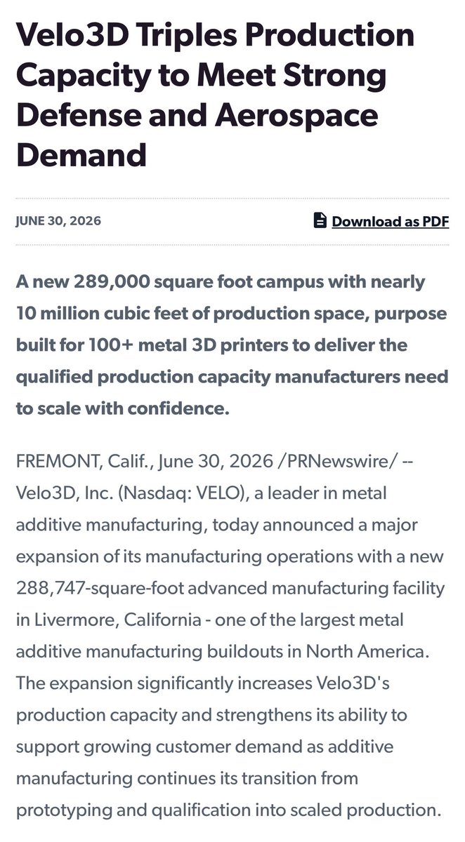 kingtutcap's tweet photo. $VELO: Velo3D Triples Production Capacity to Meet Strong Defense and Aerospace Demand

https://t.co/uIw3iFkBtO https://t.co/arZ36xImQh