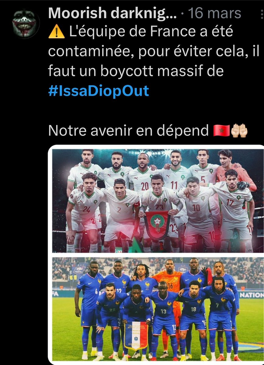 MonsieurPharaon's tweet photo. @CedrickMulamba9 Les marocains sont les 1ers à avoir eu la haine envers Issa Diop. Ils ont même fait un # contre Diop car ils voulaient pas d'un karlouche sénégalais dans leur équipe. Allez voir les tweets, vous allez serrer.
#issadiopout #ISSADIOPOUT https://t.co/uIrfxbMaaW