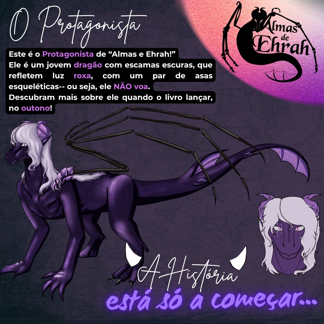 AlmasDeEhrah's tweet photo. Este é o "-----", o protagonista da história. É um dragão com escamas escuras que refletem luz com um tom roxo, com vários fios de uma cabeleira esbranquiçada. As asas que ele apresenta aparentam ser meramente um esqueleto -algo que impede o jovem réptil de voar pelos ares. https://t.co/cMBYTg2GpK