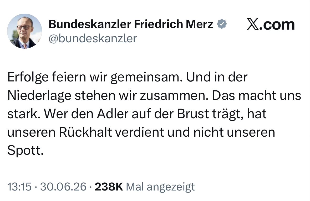 queru_lant's tweet photo. Die Nationalmannschaft steht für den Zustand dieses Landes: Deutschland ist bestenfalls noch zweitklassig.

Die Linken, die Grünen und jene angeblichen Konservativen, die ihnen bei jeder Gelegenheit in den Hintern kriechen, haben Deutschland komplett ruiniert. https://t.co/4TqEmBdcVx