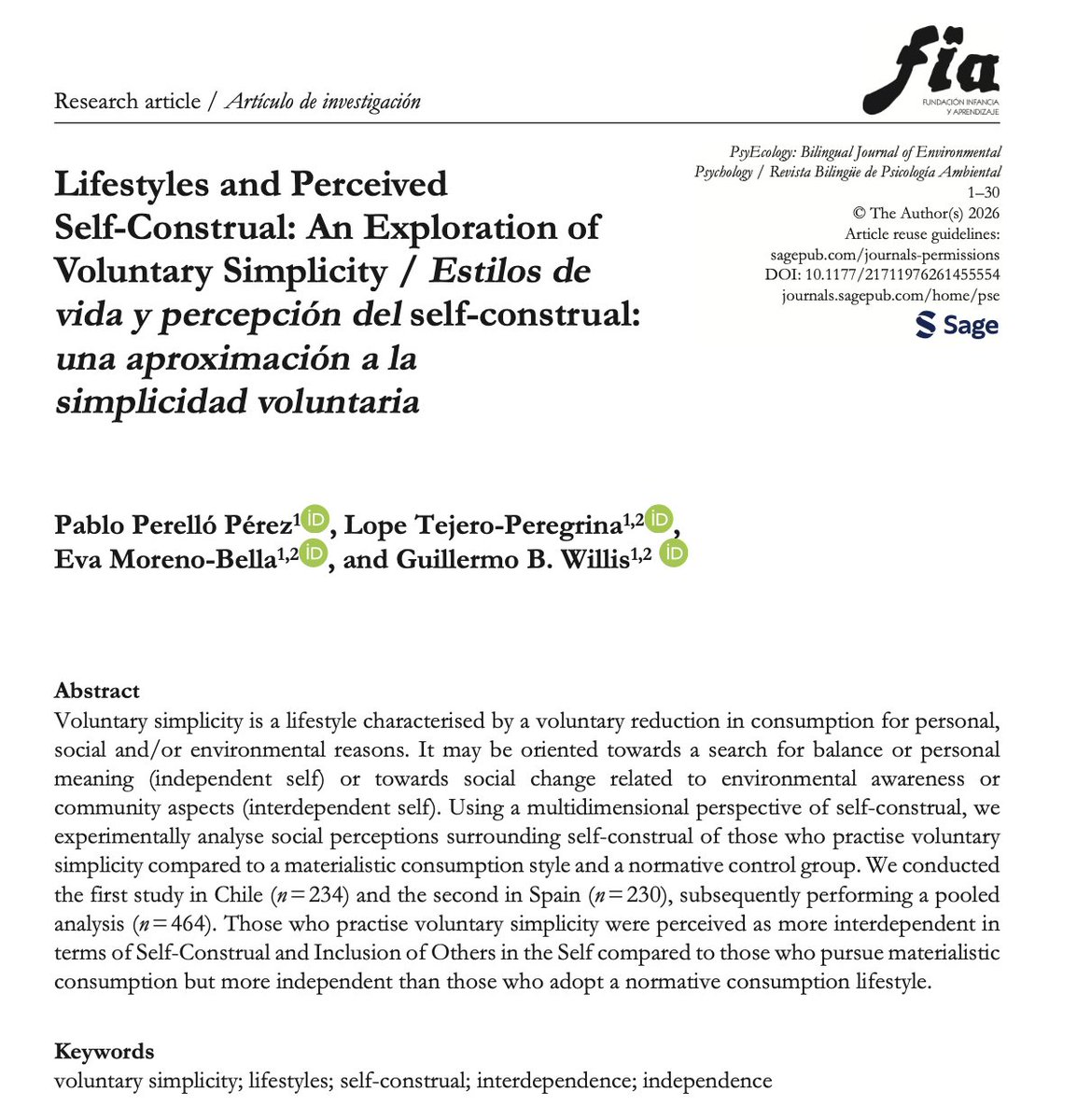 psperello's tweet photo. Acabamos de publicar nuestro artículo en PsyEcology.

Exploramos cómo se percibe socialmente a quienes practican la simplicidad voluntaria y cómo eso se relaciona con su identidad social. Estudios en Chile y España con resultados interesantes.

Enlace 👇
https://t.co/ebhAW3r9Zg https://t.co/tYtVZSmk0k