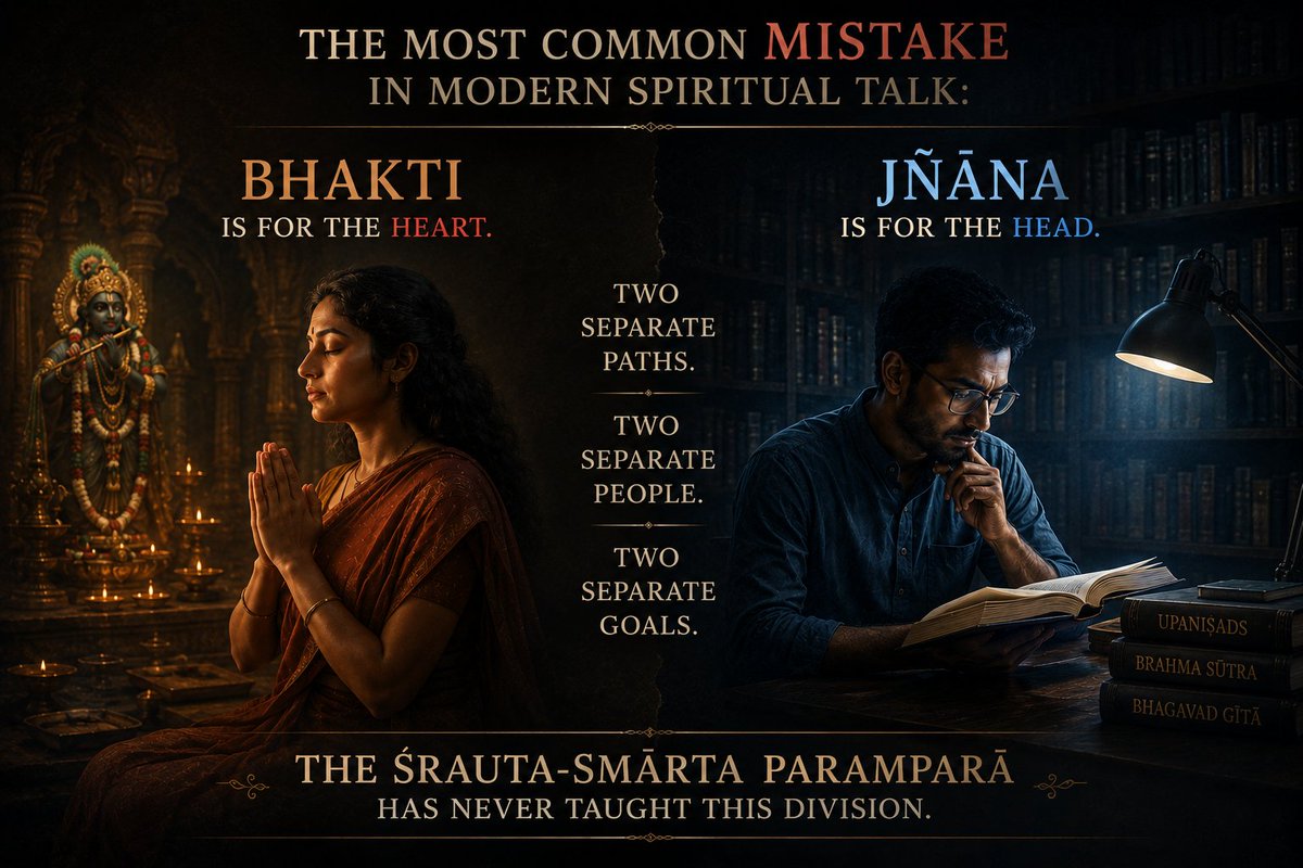 Praandhara's tweet photo. The most common mistake in modern spiritual talk:

• Bhakti is for the heart.  
• Jñāna is for the head.  

Two separate paths. Two separate people. Two separate goals.

The Śrauta-Smārta paramparā has never taught this division. https://t.co/lA2yMmNcZ6