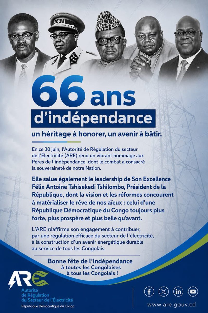 Sunset28021963's tweet photo. Que les acteurs politiques congolais comprennent une vérité simple : il est impossible que chacun accède à la fonction présidentielle.
La Constitution fixe un mandat de cinq ans, renouvelable une seule fois ; autrement dit, dix ans pour un seul Président. Si l’on projette sur un siècle, cela signifie qu’il n’y aura qu’une dizaine de Présidents en cent ans, et qu’entre‑temps, toute une génération aura disparu. Inutile donc de se bousculer pour cette fonction.
Servir la Nation ne se limite pas à la Présidence : il existe mille autres voies pour contribuer au développement du pays.
Bonne fête de l'indépendance à toutes et à tous.