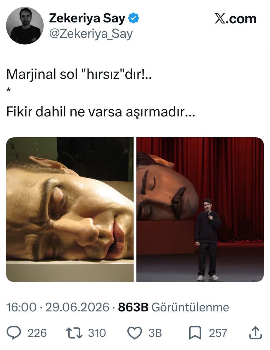 muradcobanoglu's tweet photo. Şuradaki göndermeyi anlayacak zeka kırıntısı bile yok. 

Gösterinin adı “Ölü Deniz”, Ron Mueck’in heykelinin adı “Dead Dad” 

Ciddi ciddi yazmış bunu… https://t.co/fFVBoR09ZO