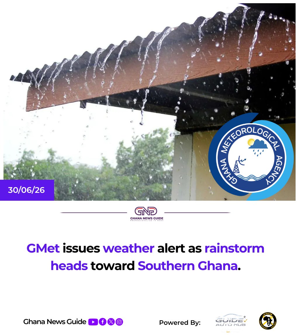 GhanaNewsGuide's tweet photo. The Ghana Meteorological Agency (GMet) has issued a weather warning as a slow-moving rainstorm, currently off the coast of Benin and heading westwards, is expected to bring thunderstorms and heavy rains to parts of Southern Ghana and the middle belt.

#Ghananews #Currentaffairs #Ghananewsguide #flood #rain #disaster #govt #trends #viral #thunderstorms