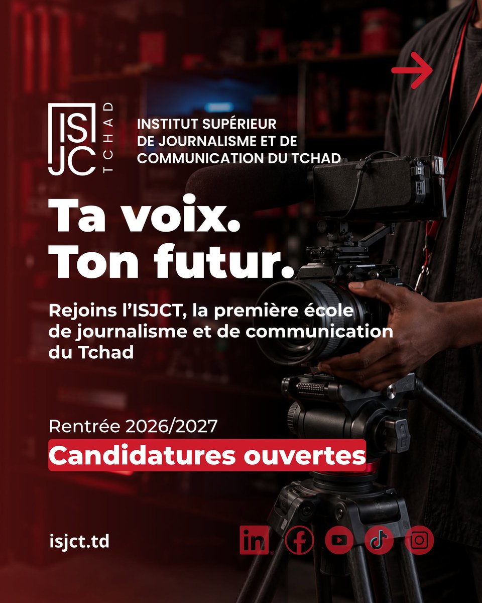 isjctchad's tweet photo. Découvrez l’ISJCT, ses deux licences et les étapes pour candidater.
Une école pour former les futurs professionnels du journalisme, de l’image et de la communication au #Tchad.
👉Informations et candidatures : https://t.co/U7MBMoLNmF

#ISJCT #Journalisme #Communication https://t.co/aHoyM7G8CP