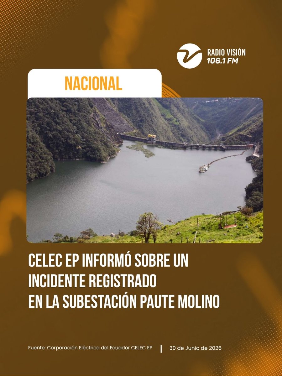 radialvision's tweet photo. #NoticiaNacional | #CELECEP
⚠️ CELEC EP informó sobre un incidente registrado en la Subestación Paute Molino, donde una explosión ocurrida a las 02:07 provocó la salida del Complejo Hidroeléctrico Paute Integral y afectaciones en el servicio eléctrico en varias provincias del país.
🔌 La entidad señaló que se activaron de inmediato los protocolos de seguridad y que, junto a CENACE y las empresas distribuidoras, trabaja para restablecer el servicio en el menor tiempo posible. Además, la Central Hidroeléctrica Coca Codo Sinclair incrementó su generación para compensar parcialmente la energía no disponible.
👷 Personal técnico especializado se encuentra en el sitio para determinar las causas del incidente, evaluar los equipos afectados y acelerar la recuperación total de la operación.
Fuente: CELEC EP.
#CELEC #PauteMolino #Ecuador #ServicioEléctrico #Noticias #RadioVisión