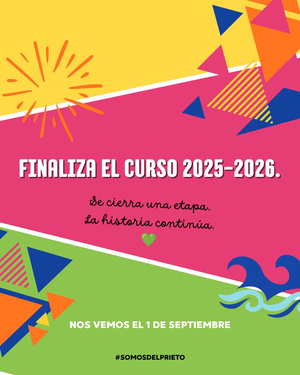 Ies_GPrieto's tweet photo. 📚Hoy finaliza un curso y también una gran etapa en la historia del IES Gregorio Prieto.

Han sido años de retos, proyectos y aprendizajes. 

Ahora comienza un nuevo capítulo, con la misma ilusión y el mismo compromiso de siempre💚 

Nos vemos el 1 de septiembre.

#somosdelprieto https://t.co/UUFWF5ULYR