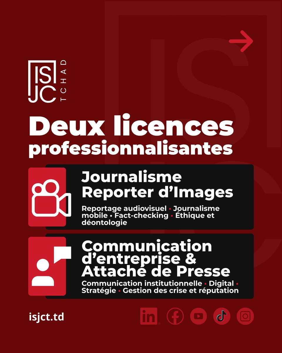 isjctchad's tweet photo. Découvrez l’ISJCT, ses deux licences et les étapes pour candidater.
Une école pour former les futurs professionnels du journalisme, de l’image et de la communication au #Tchad.
👉Informations et candidatures : https://t.co/U7MBMoLNmF

#ISJCT #Journalisme #Communication https://t.co/aHoyM7G8CP