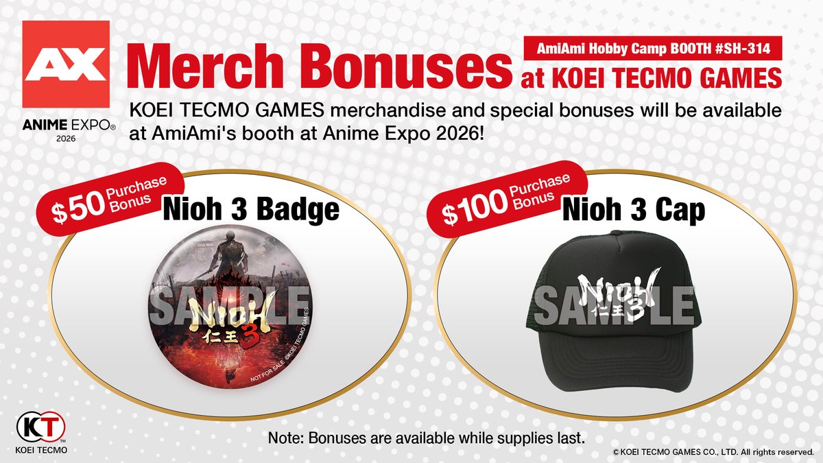 KoeiTecmoUS's tweet photo. #AX2026 Starts tomorrow!

Hope to see you at #AnimeExpo!

We prepared a lot of KOEI TECMO GAMES merchandise at the AmiAmi booth!

Bonus items are available while supplies last, so get your merch as soon as possible!💨

https://t.co/hhfz7lUuLu

#KTFamily #AmiAmi https://t.co/9k9S4Kbd7C