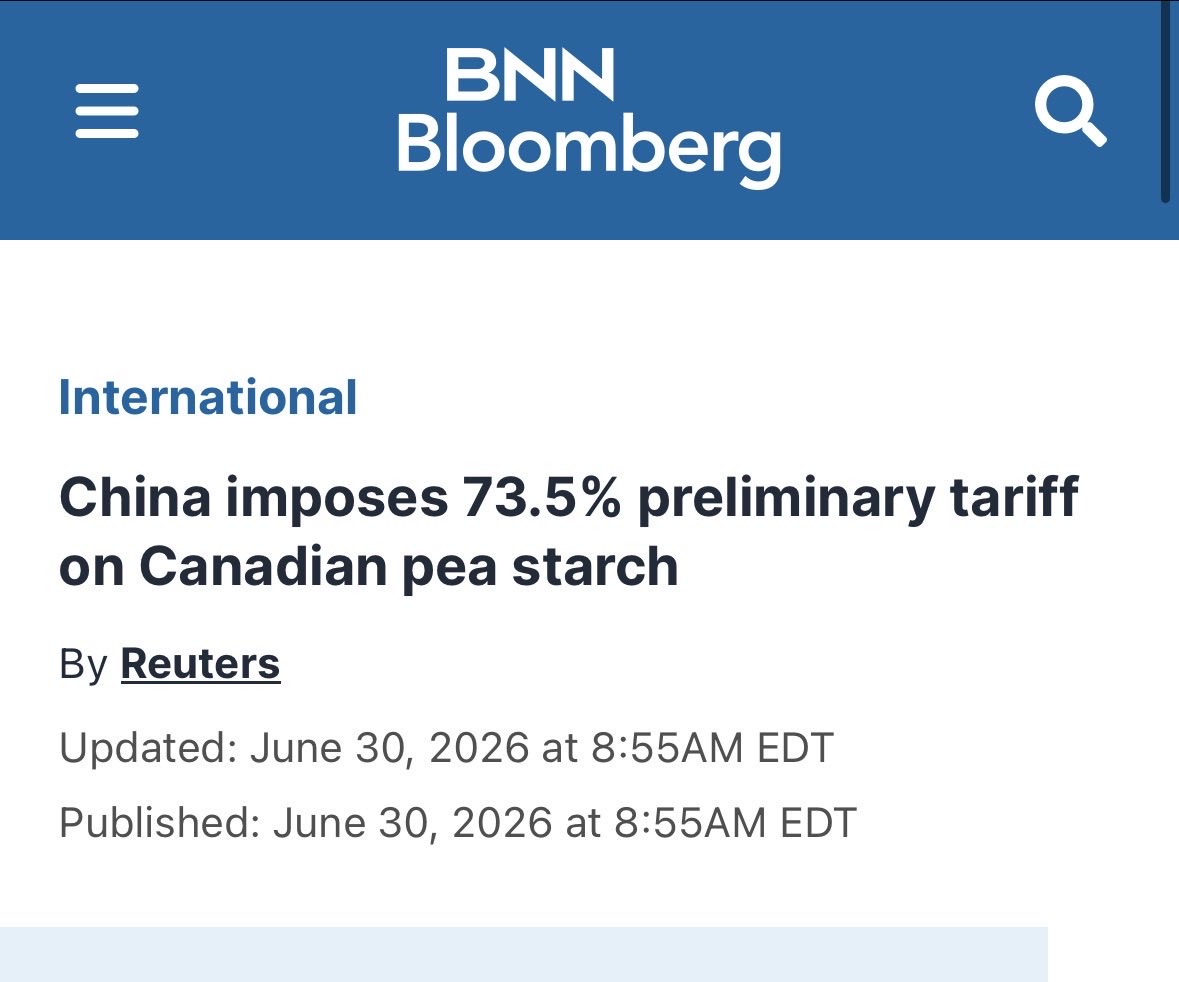 ryangerritsen's tweet photo. “China said on Tuesday it will impose a 73.5 per cent preliminary tariff on imports of Canadian pea starch from July 1, as part of temporary anti-dumping measures after a more than 10-month investigation.

The Ministry of Commerce said its investigation had found that Canadian pea starch was being “dumped” in China, causing “material injury to the domestic industry.”