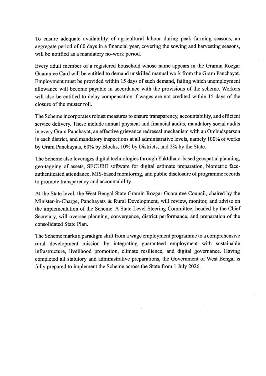 cmowbgov's tweet photo. From 1 July 2026, West Bengal is set to implement the Viksit Bharat–Guarantee for Rozgar and Ajeevika Mission (Gramin). It is set to benefit nearly 2.56 crore job card holders by guaranteeing 125 days of wage employment and advancing integrated rural development. https://t.co/jKtUhXTzgG